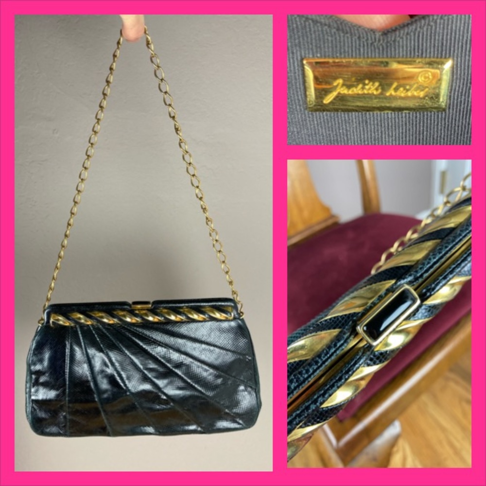 Vintage Judith Leiber Black Pleated Snakeskin Shoulder Bag
